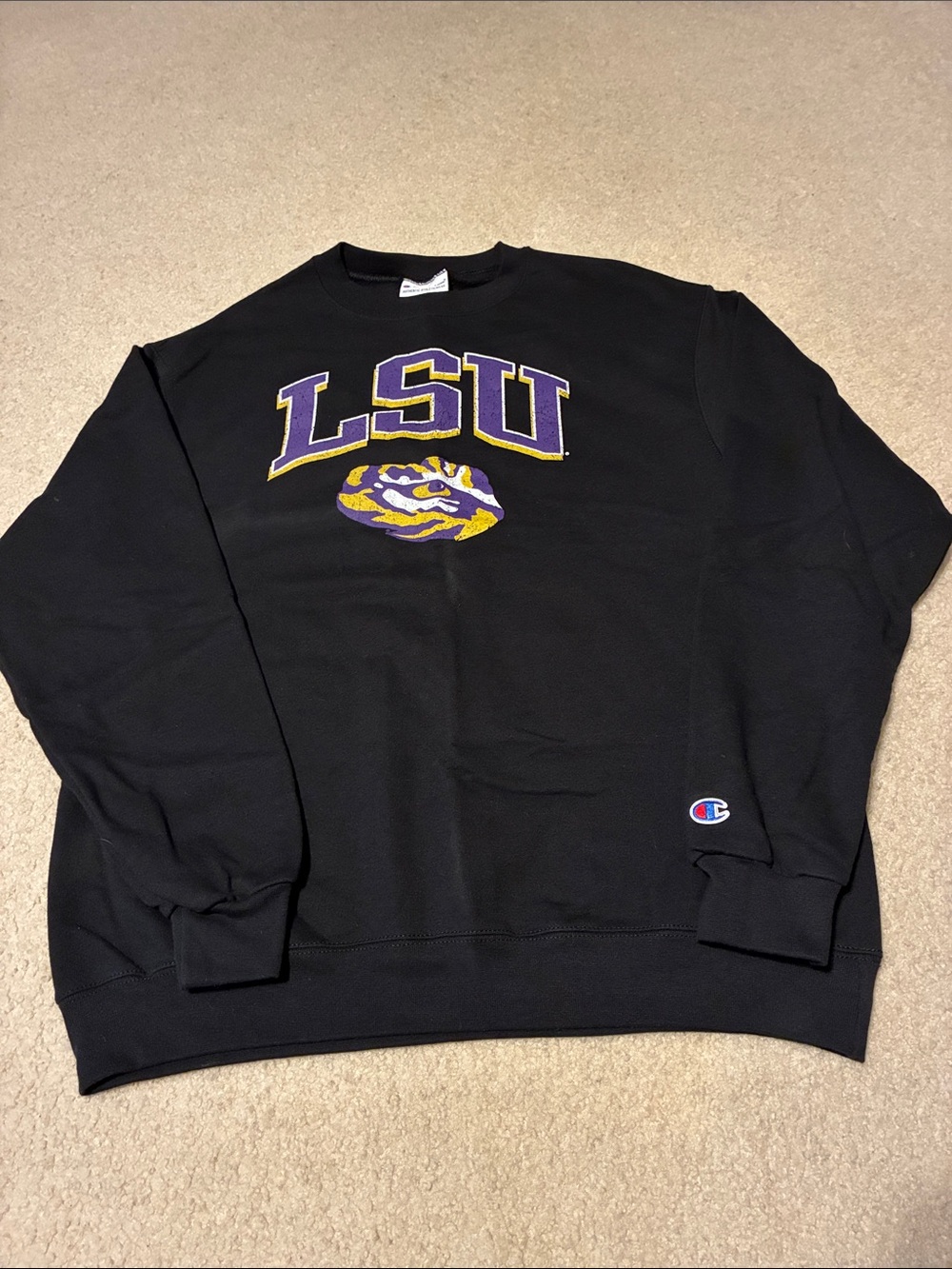 Champion Black LSU Crewneck with Purple and Gold Logo